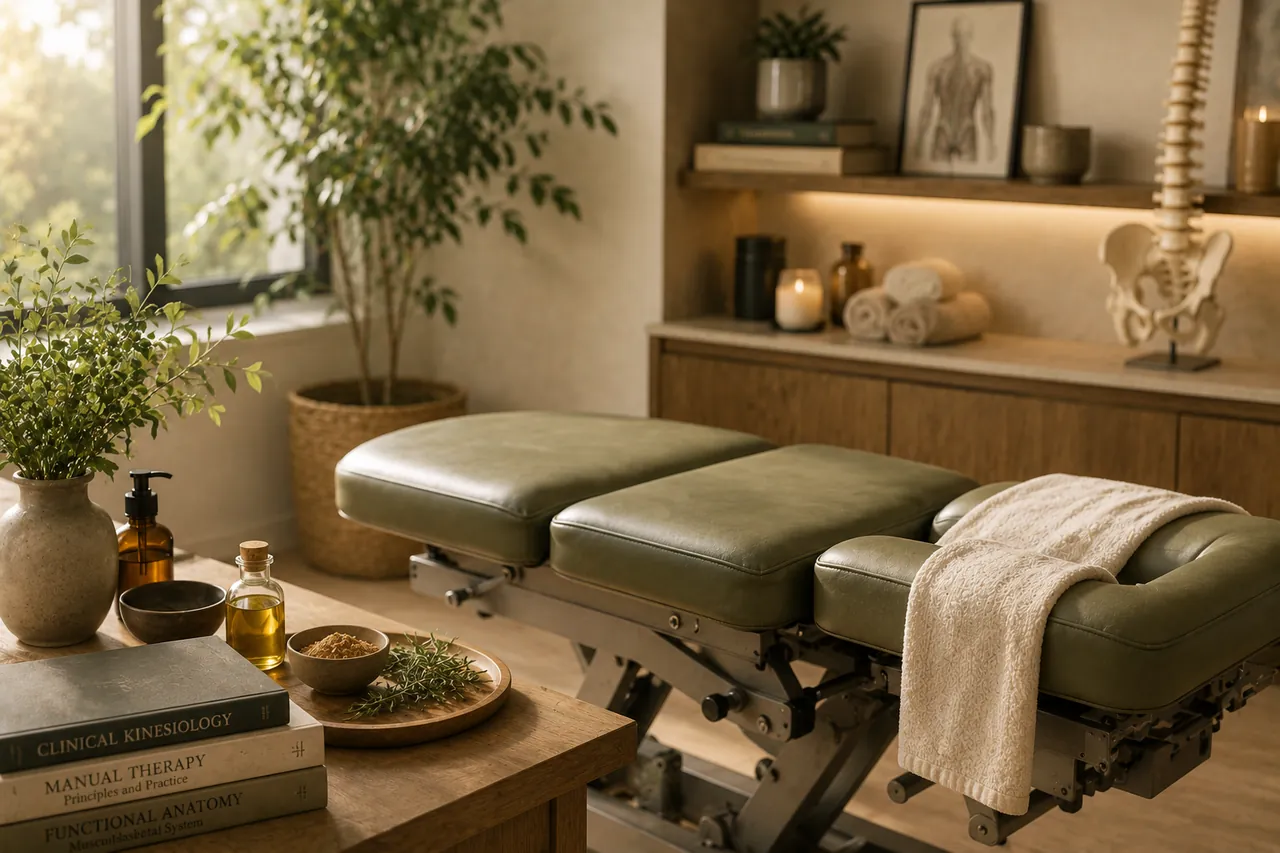 Professional physical medicine treatment room with an adjustable treatment table and anatomical references.