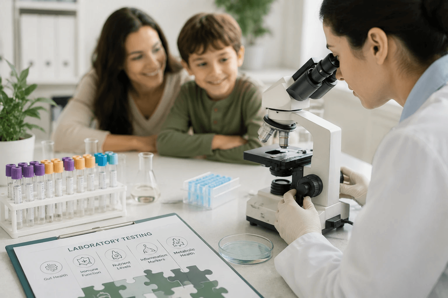 Parent and child in a calm laboratory setting representing pediatric labs and testing support