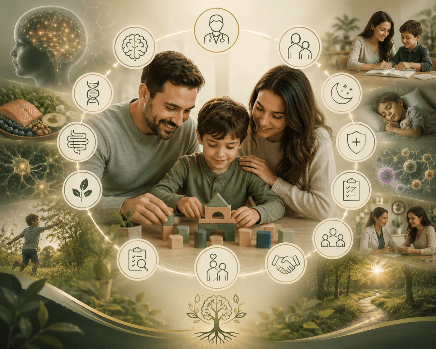 Family-centered neurodevelopmental support — a parent and child building together, surrounded by whole-child care factors representing the NeuroWell program approach