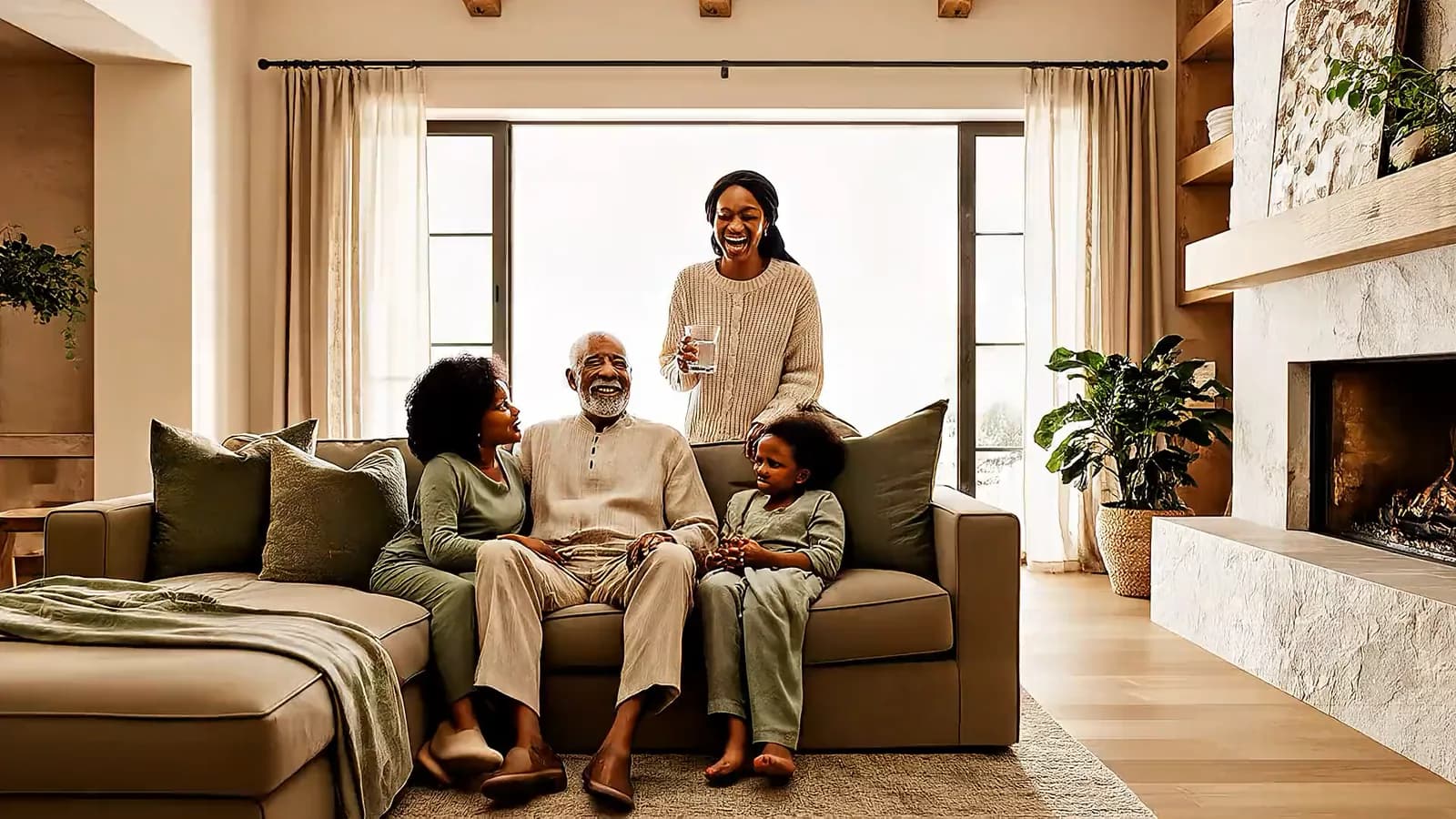 Three generations of a family relaxing together on a sofa at home